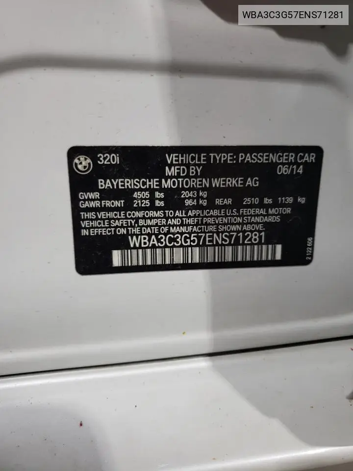 2014 BMW 320 I xDrive VIN: WBA3C3G57ENS71281 Lot: 56753235