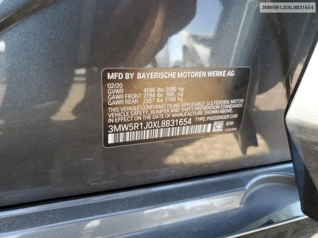 2020 BMW 330I VIN: 3MW5R1J0XL8B31654 Lot: 62222735