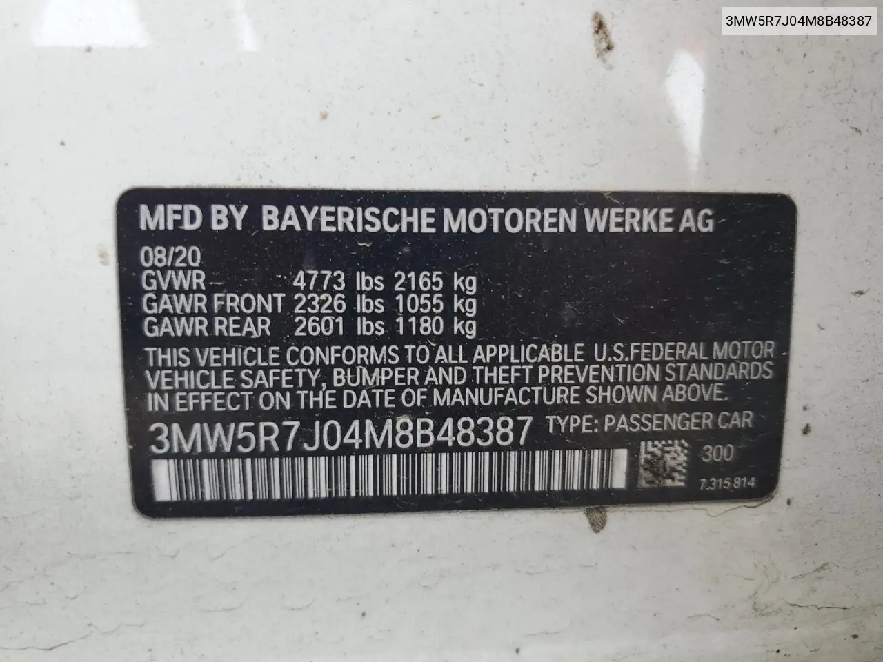 2021 BMW 330Xi VIN: 3MW5R7J04M8B48387 Lot: 56393935