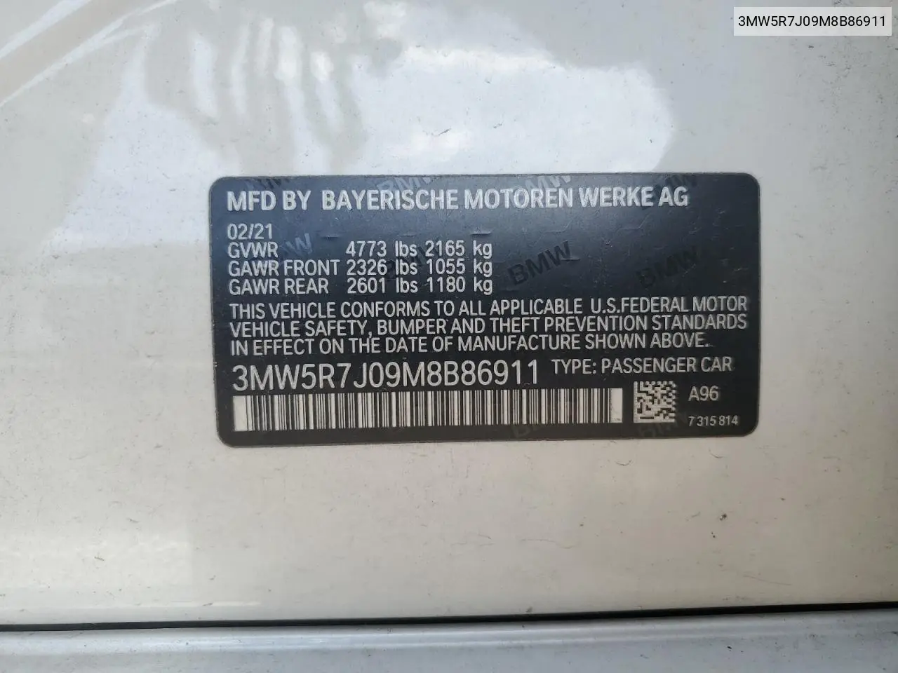 2021 BMW 330Xi VIN: 3MW5R7J09M8B86911 Lot: 62775085