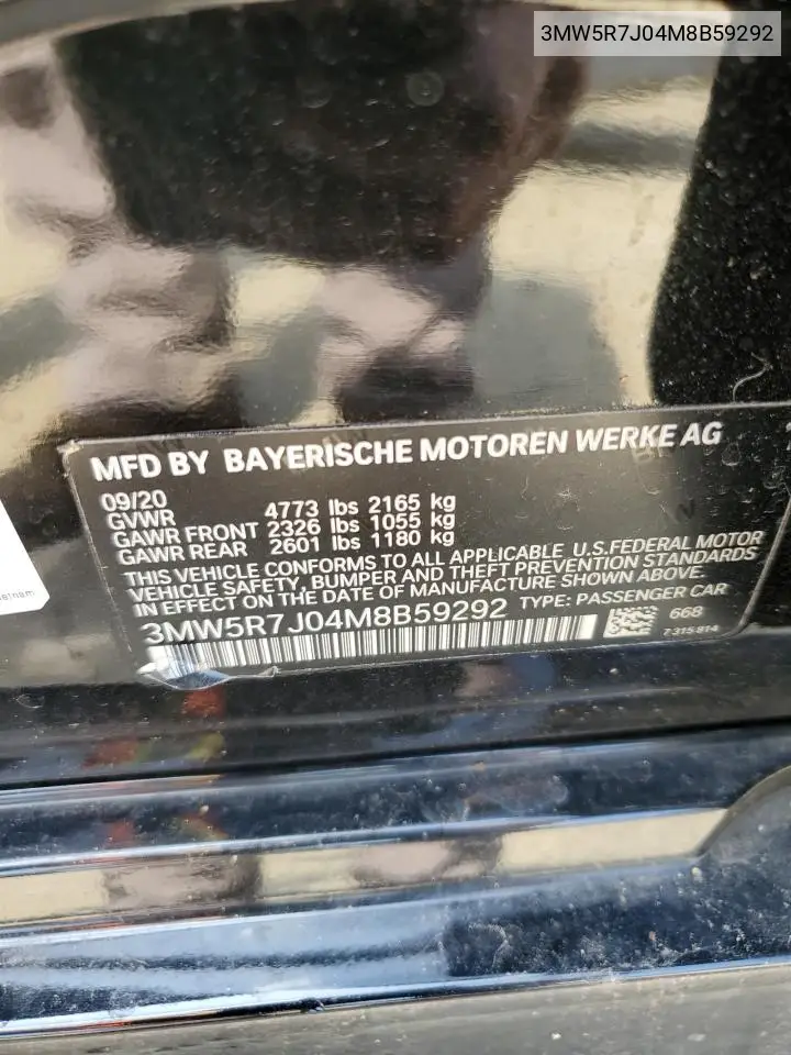 2021 BMW 330Xi VIN: 3MW5R7J04M8B59292 Lot: 64782465