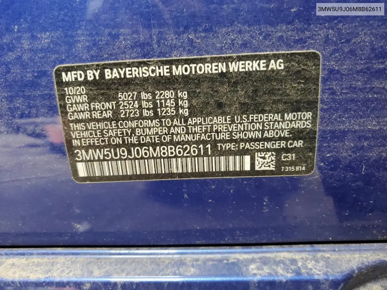 2021 BMW M340Xi VIN: 3MW5U9J06M8B62611 Lot: 65201085
