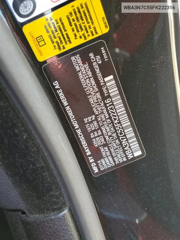 2015 BMW 428 I VIN: WBA3N7C55FK222316 Lot: 56547395