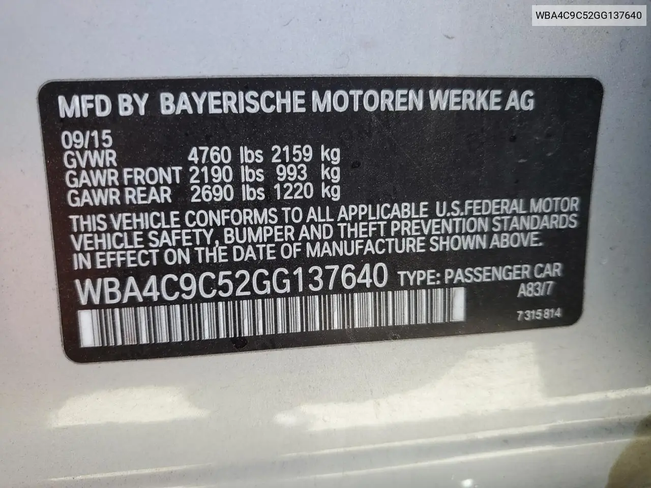 2016 BMW 428 Xi Gran Coupe Sulev VIN: WBA4C9C52GG137640 Lot: 57106975