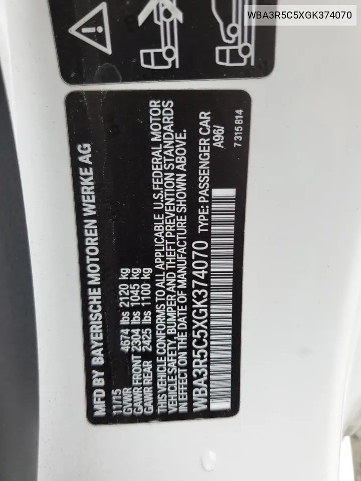 wba3r5c5xgk374070 WBA3R5C5XGK374070 2016 BMW 435 Xi