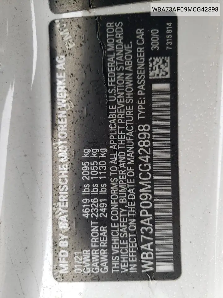 2021 BMW 430Xi VIN: WBA73AP09MCG42898 Lot: 60828285