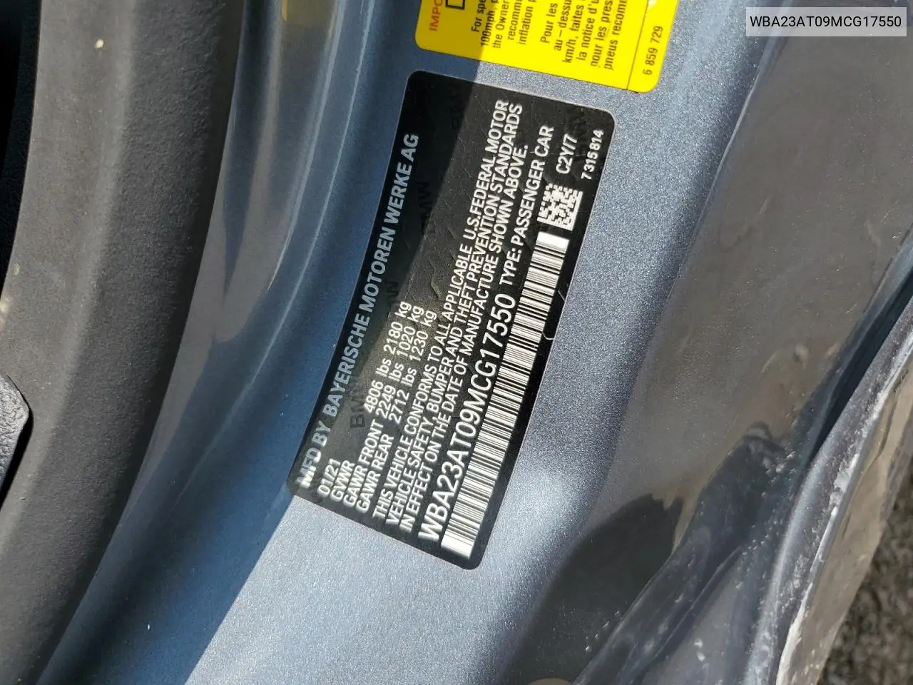 2021 BMW 430I VIN: WBA23AT09MCG17550 Lot: 63063565