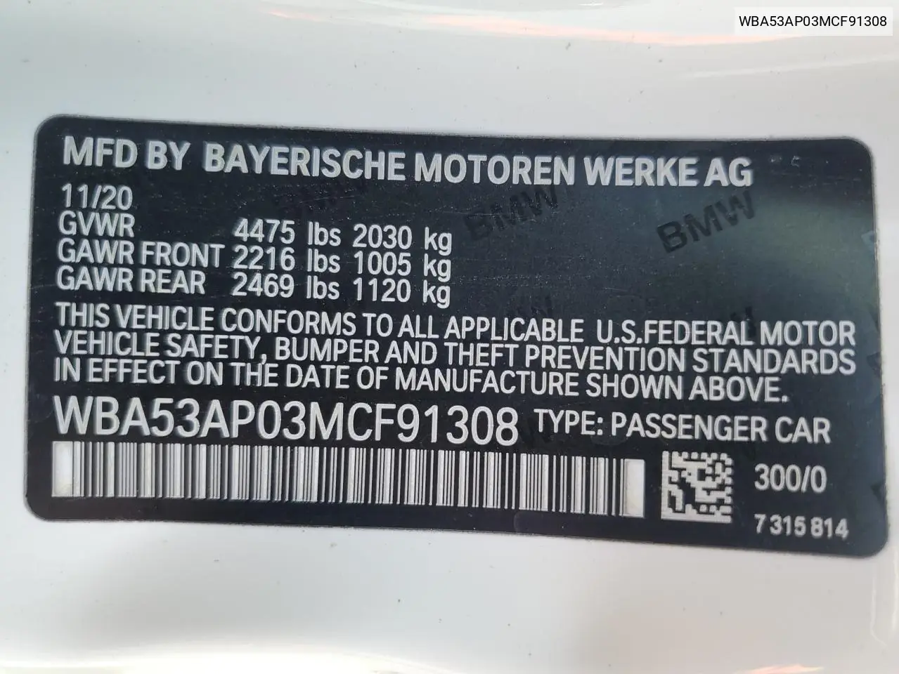 2021 BMW 430I VIN: WBA53AP03MCF91308 Lot: 64866285