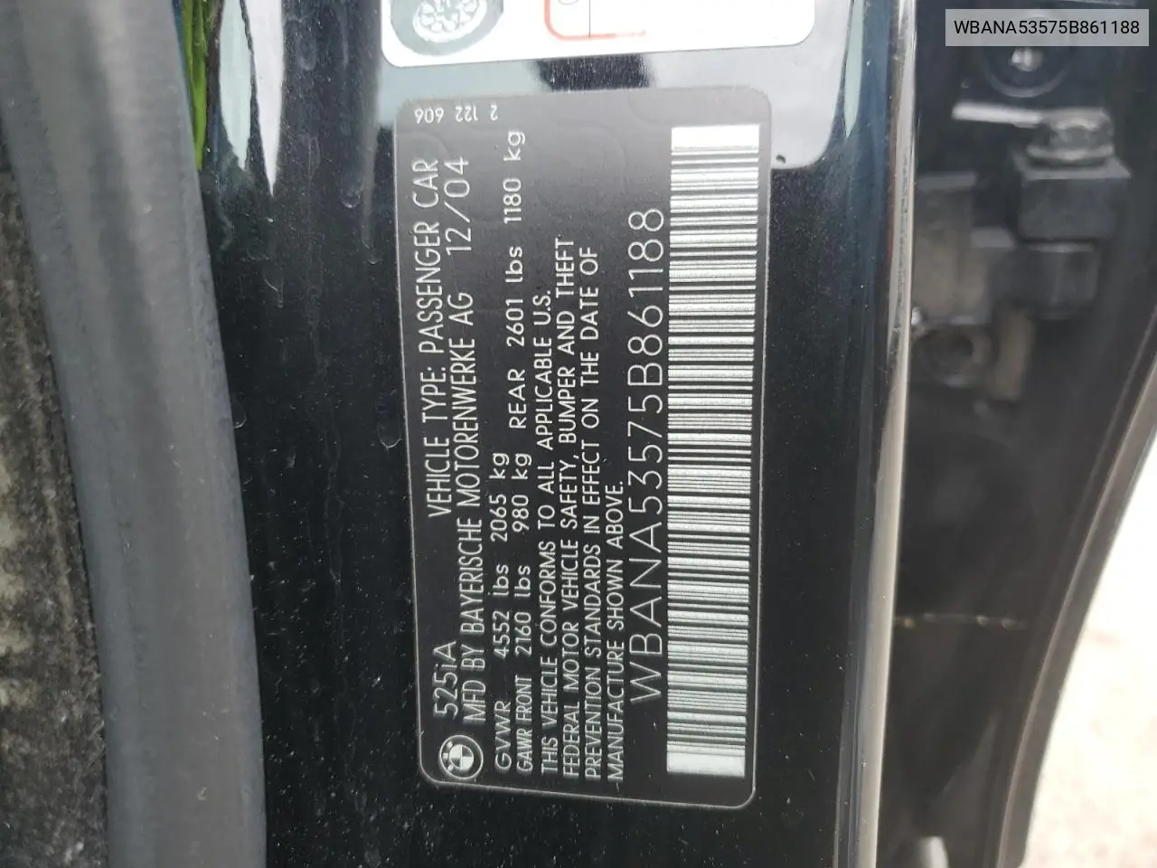 2005 BMW 525 I VIN: WBANA53575B861188 Lot: 63420875