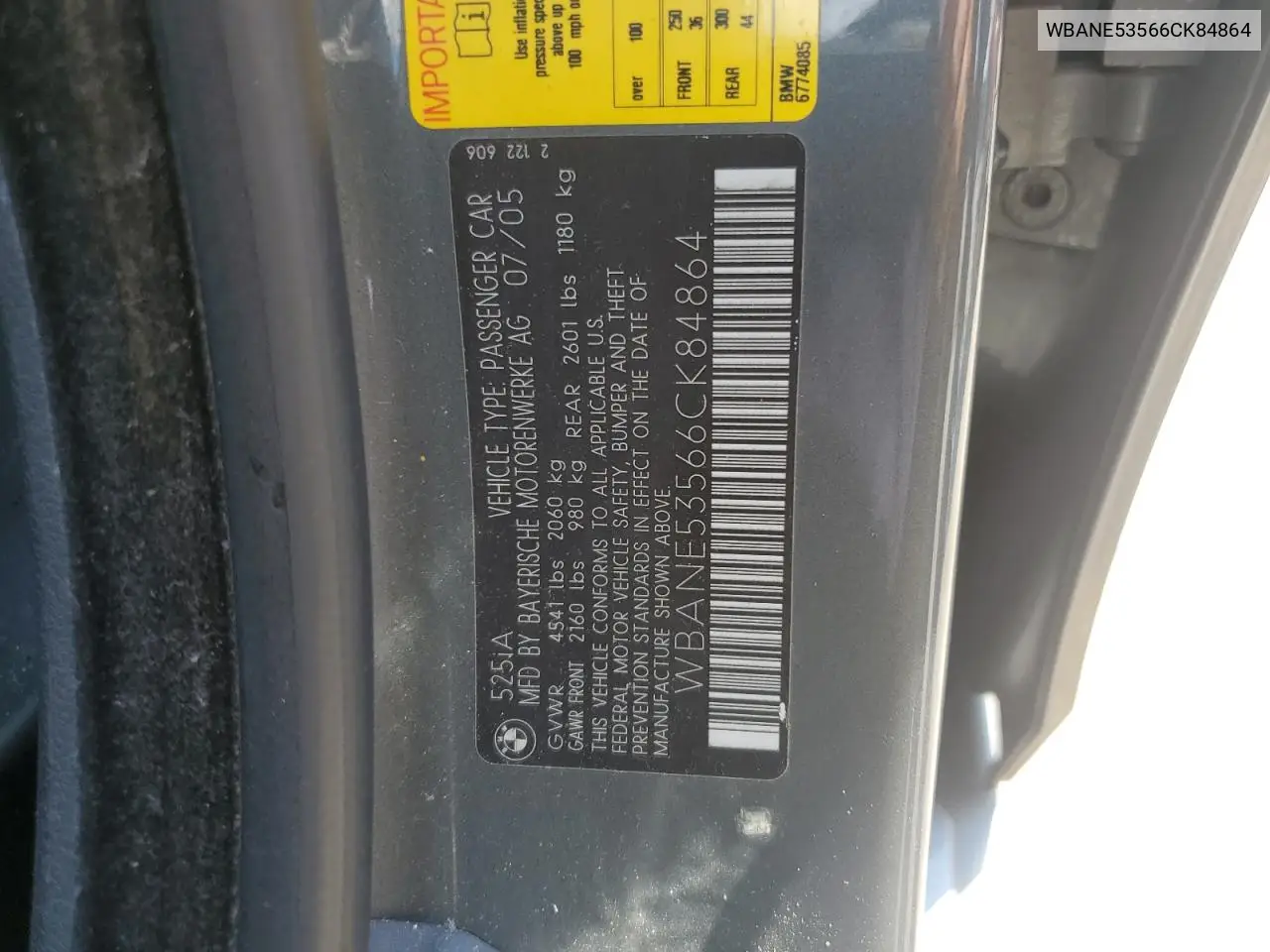 2006 BMW 525 I VIN: WBANE53566CK84864 Lot: 64135835