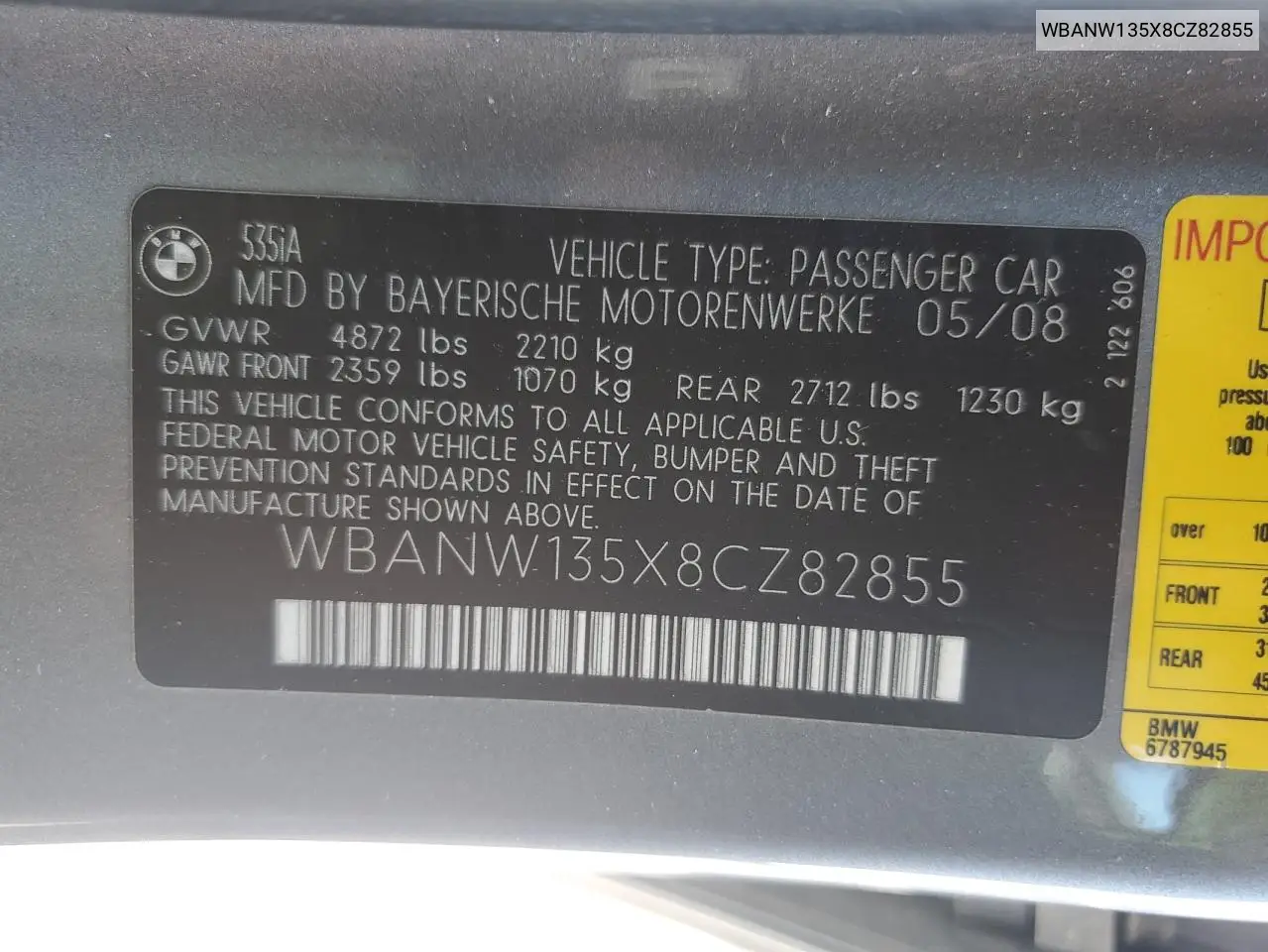 2008 BMW 535 I VIN: WBANW135X8CZ82855 Lot: 55795745