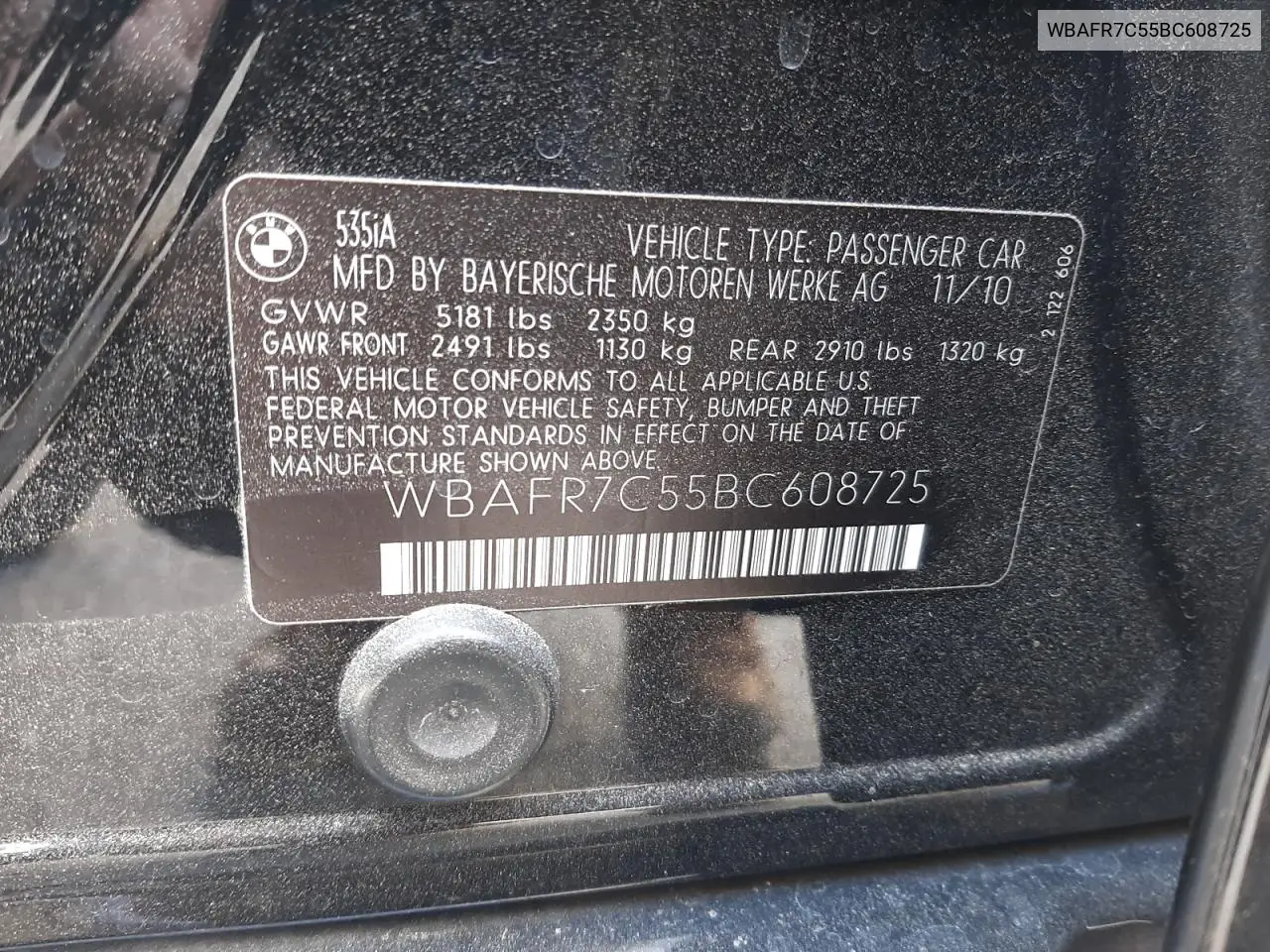 wbafr7c55bc608725 WBAFR7C55BC608725 2011 BMW 535 I
