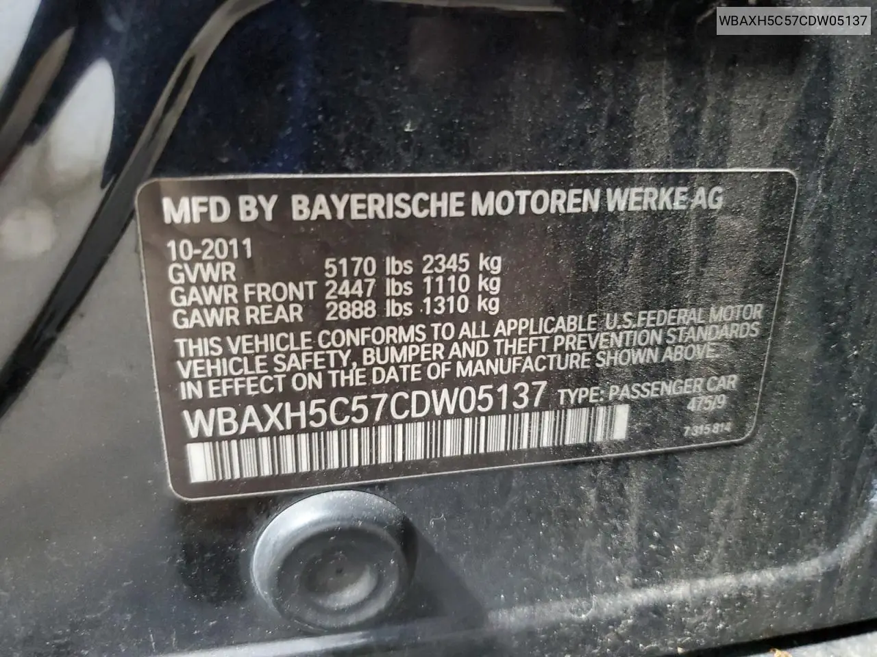 2012 BMW 528 Xi VIN: WBAXH5C57CDW05137 Lot: 63267655