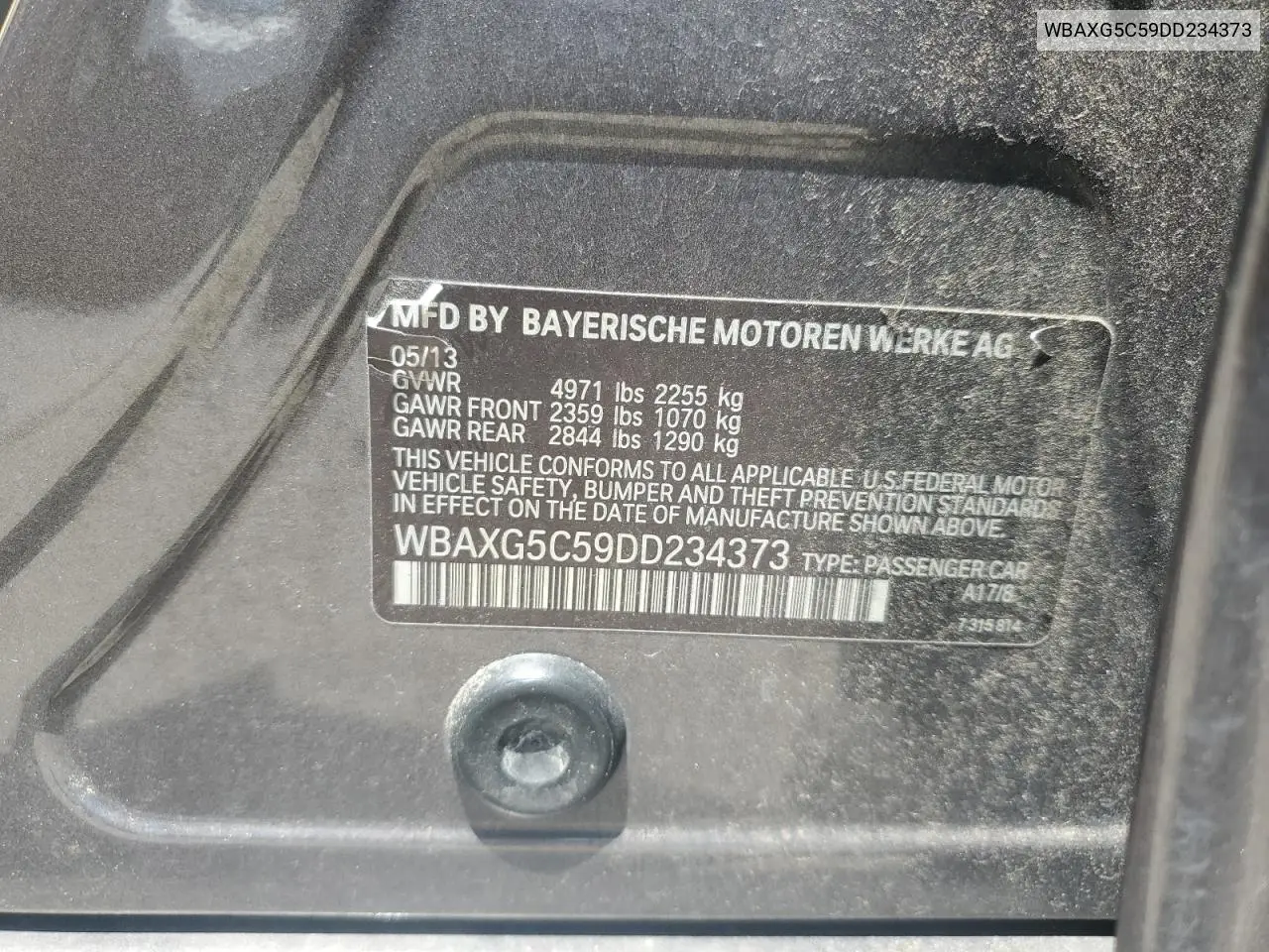 2013 BMW 528 I VIN: WBAXG5C59DD234373 Lot: 62537835