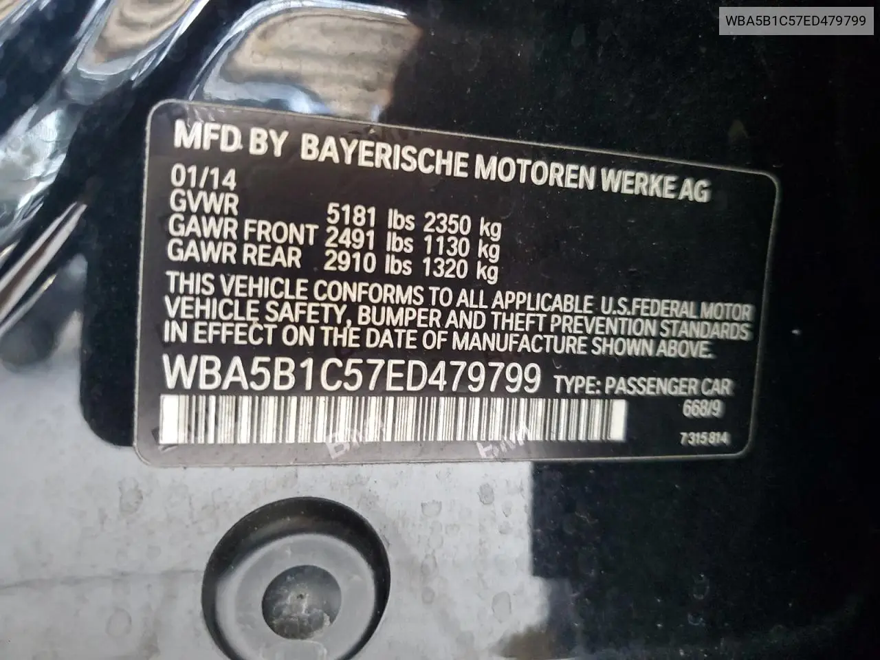 2014 BMW 535 I VIN: WBA5B1C57ED479799 Lot: 58171585