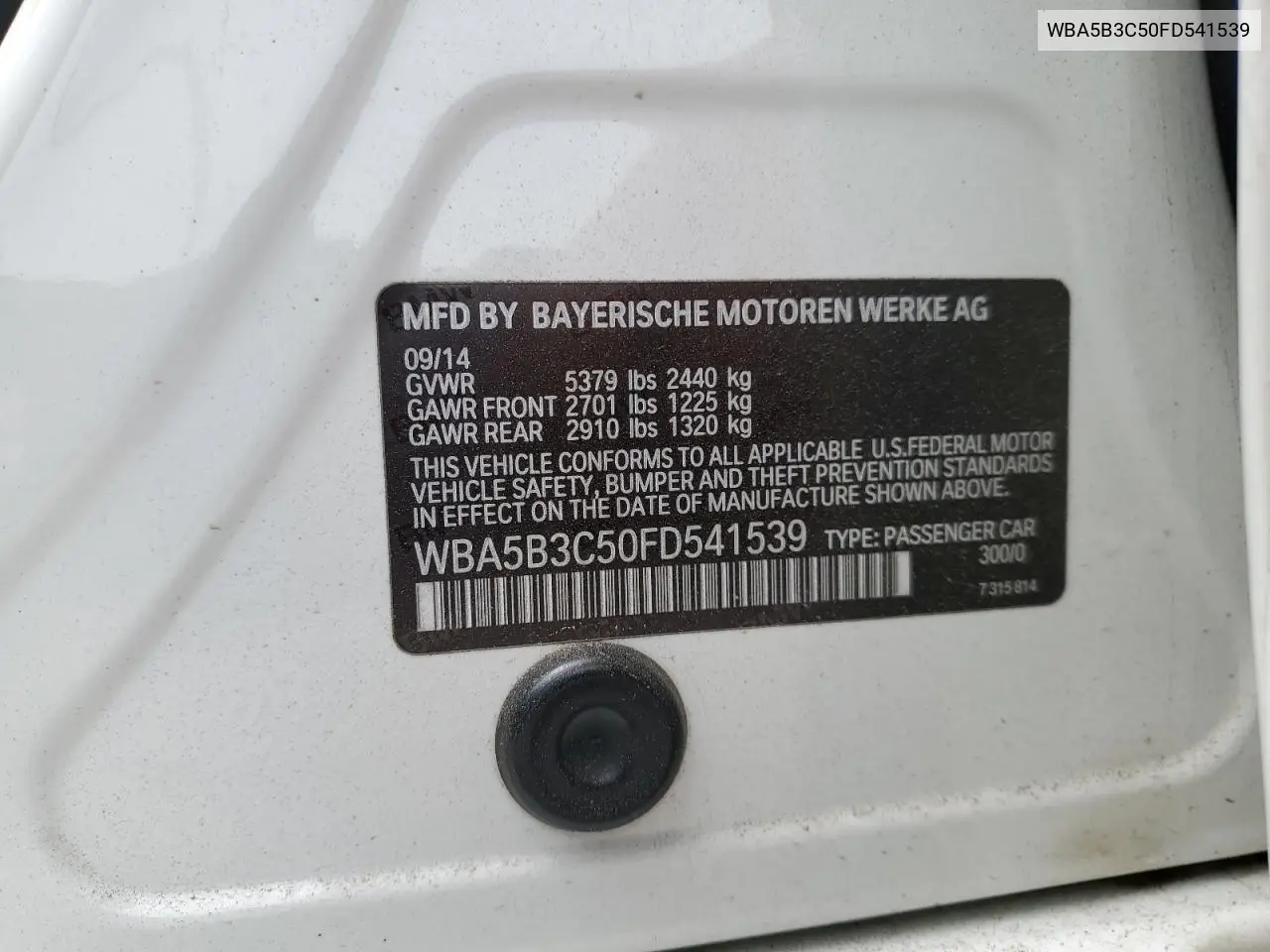 2015 BMW 535 Xi VIN: WBA5B3C50FD541539 Lot: 55855935