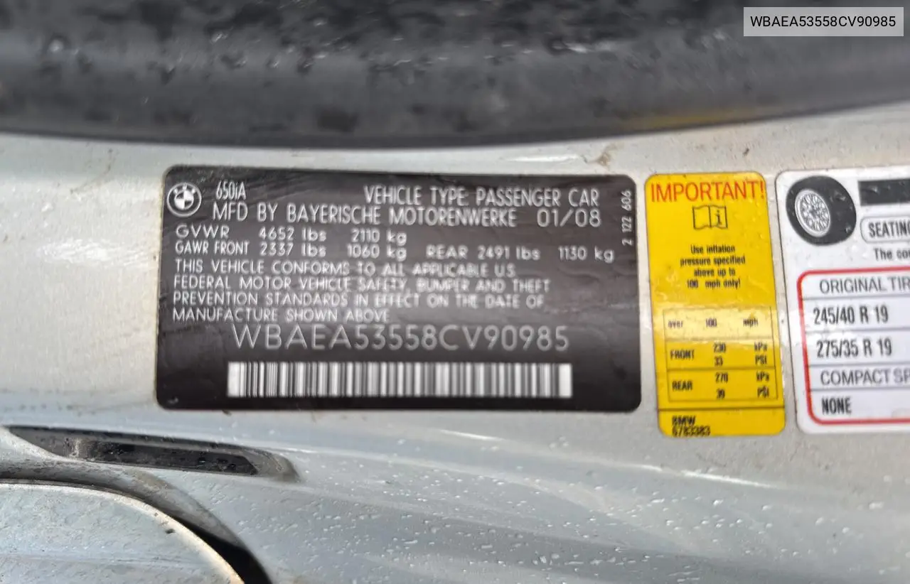 2008 BMW 650 I VIN: WBAEA53558CV90985 Lot: 57308835