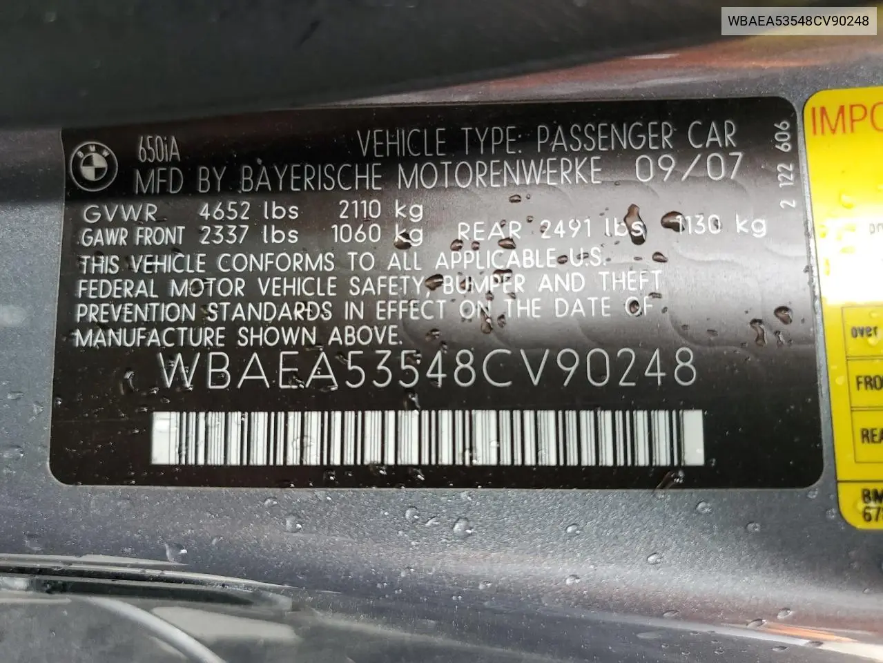 2008 BMW 650 I VIN: WBAEA53548CV90248 Lot: 63338945