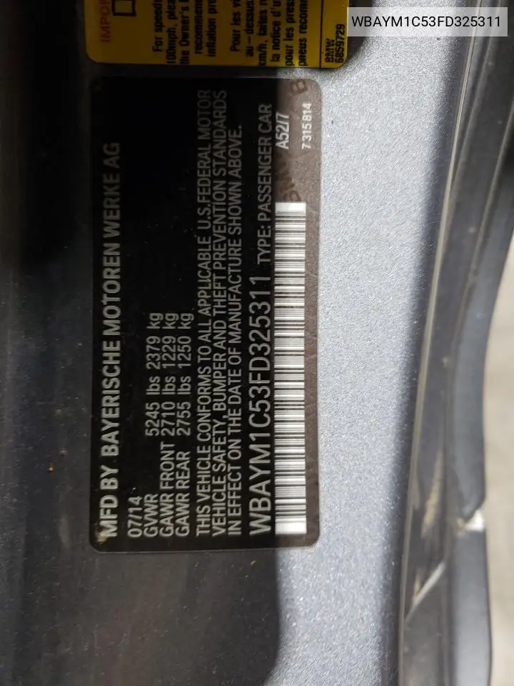2015 BMW 650 Xi VIN: WBAYM1C53FD325311 Lot: 59563355