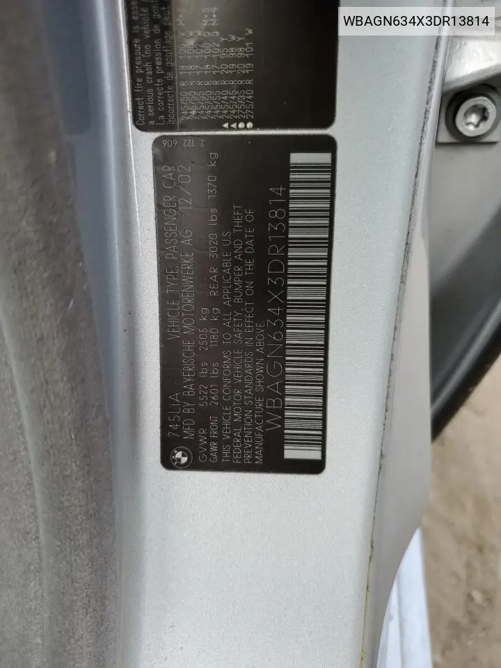 2003 BMW 745 Li VIN: WBAGN634X3DR13814 Lot: 53376495