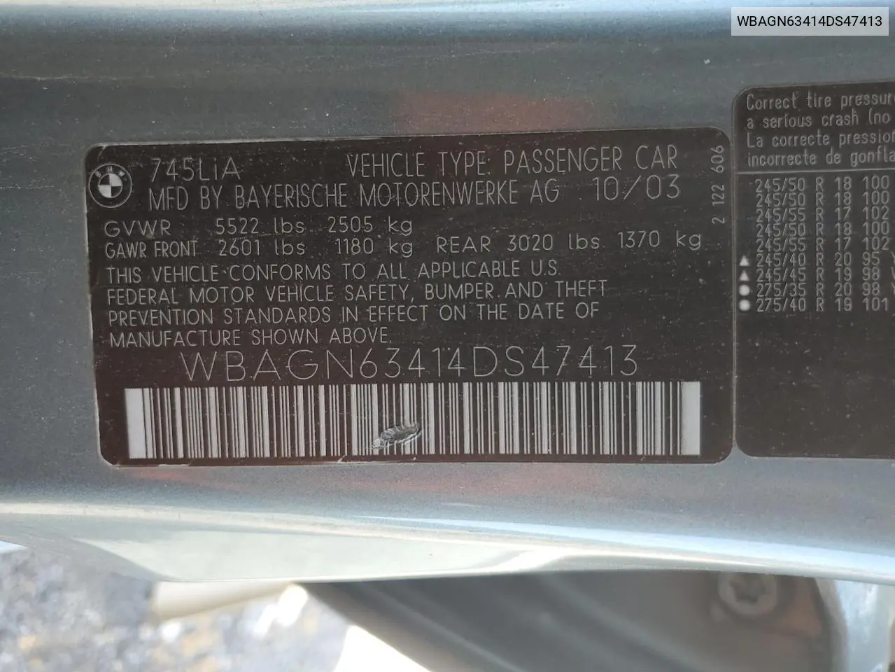 2004 BMW 745 Li VIN: WBAGN63414DS47413 Lot: 62835195