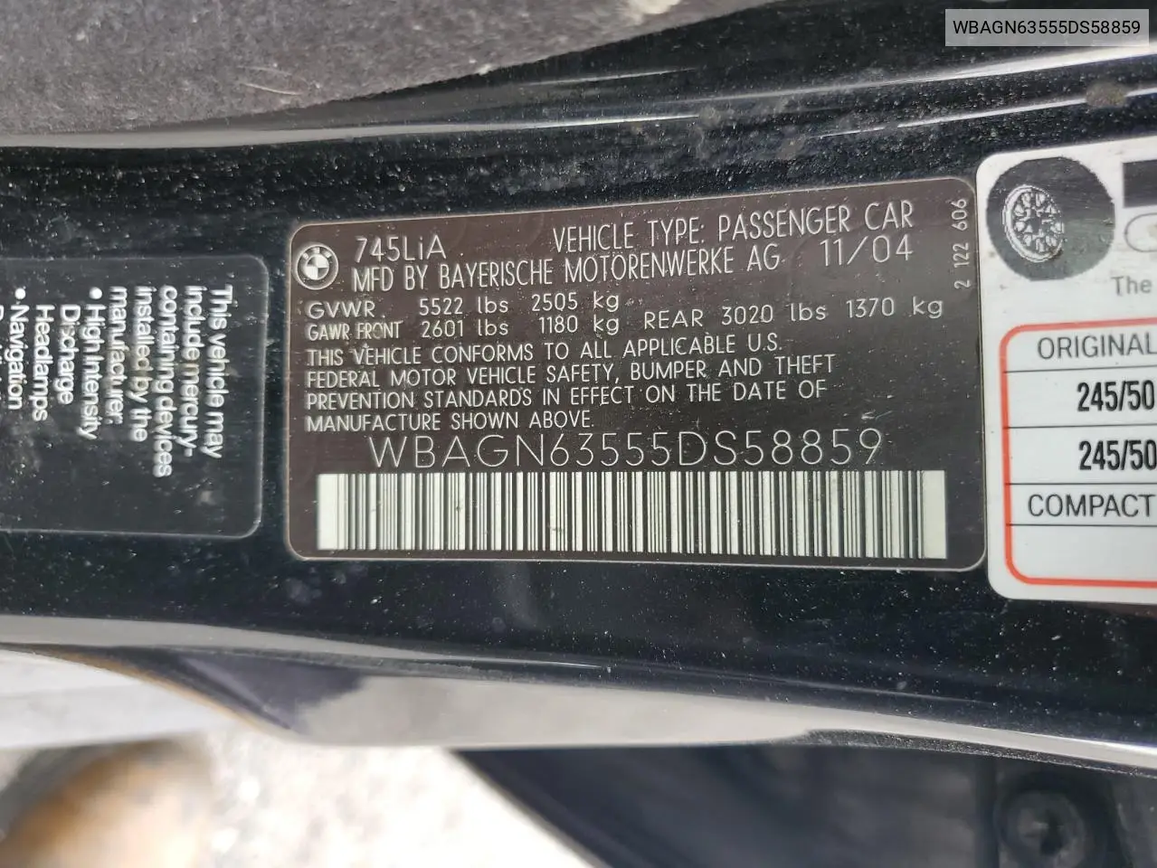 2005 BMW 745 Li VIN: WBAGN63555DS58859 Lot: 62273165