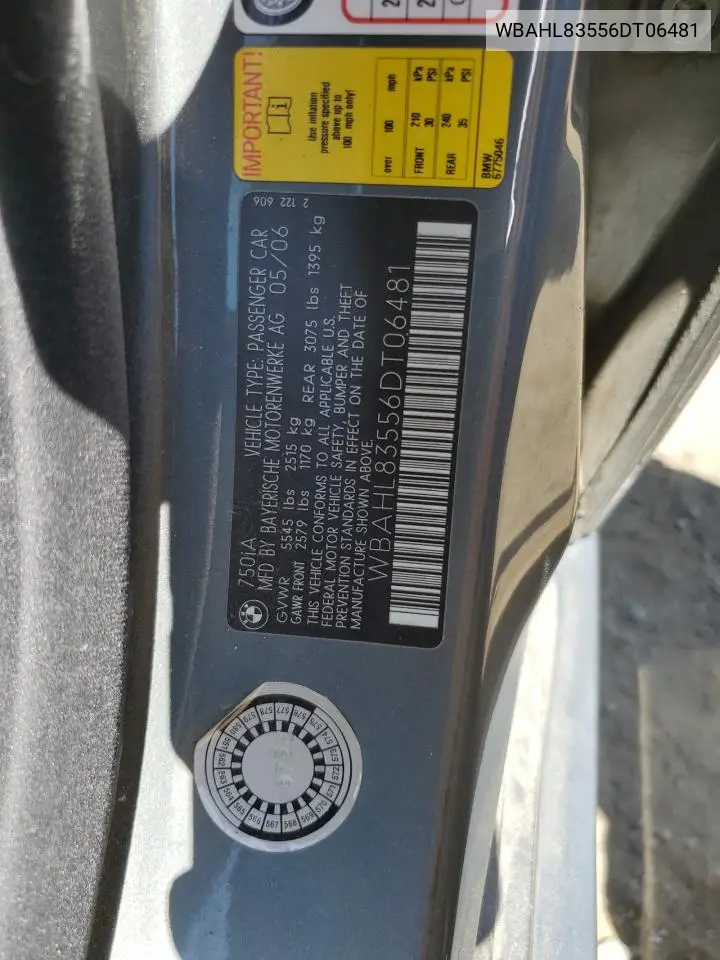 2006 BMW 750 I VIN: WBAHL83556DT06481 Lot: 56043745
