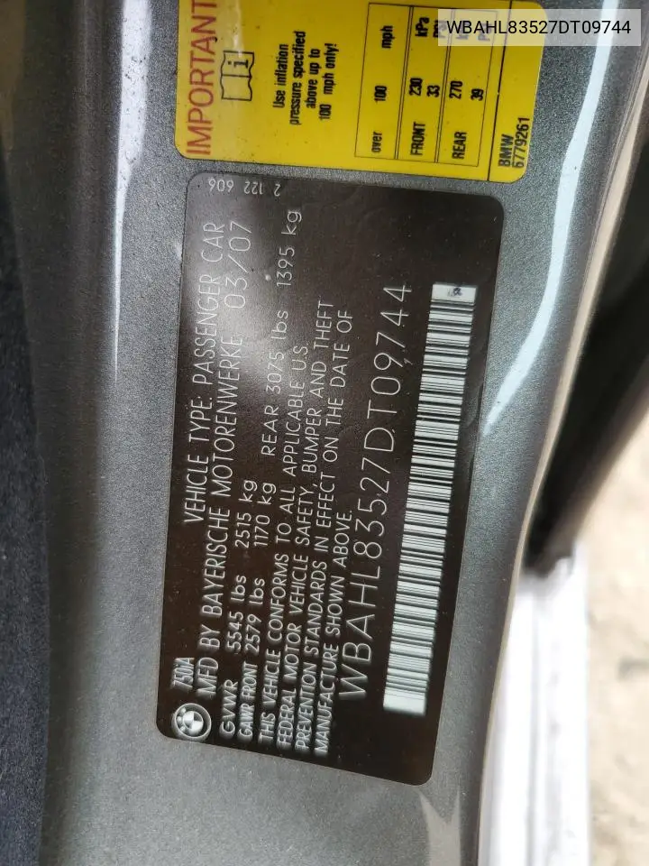 2007 BMW 750 I VIN: WBAHL83527DT09744 Lot: 62309195