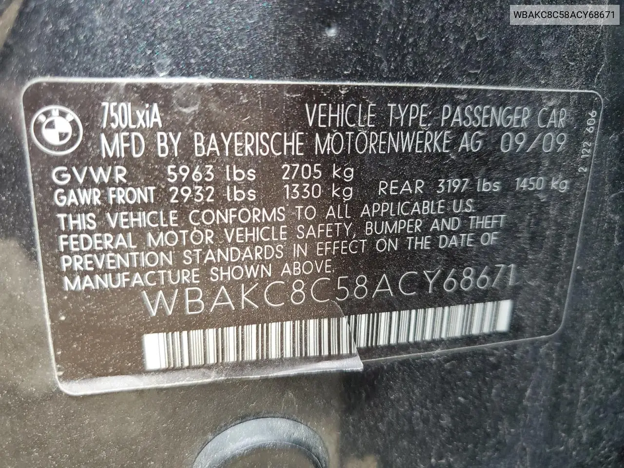2010 BMW 750 Li xDrive VIN: WBAKC8C58ACY68671 Lot: 56703235