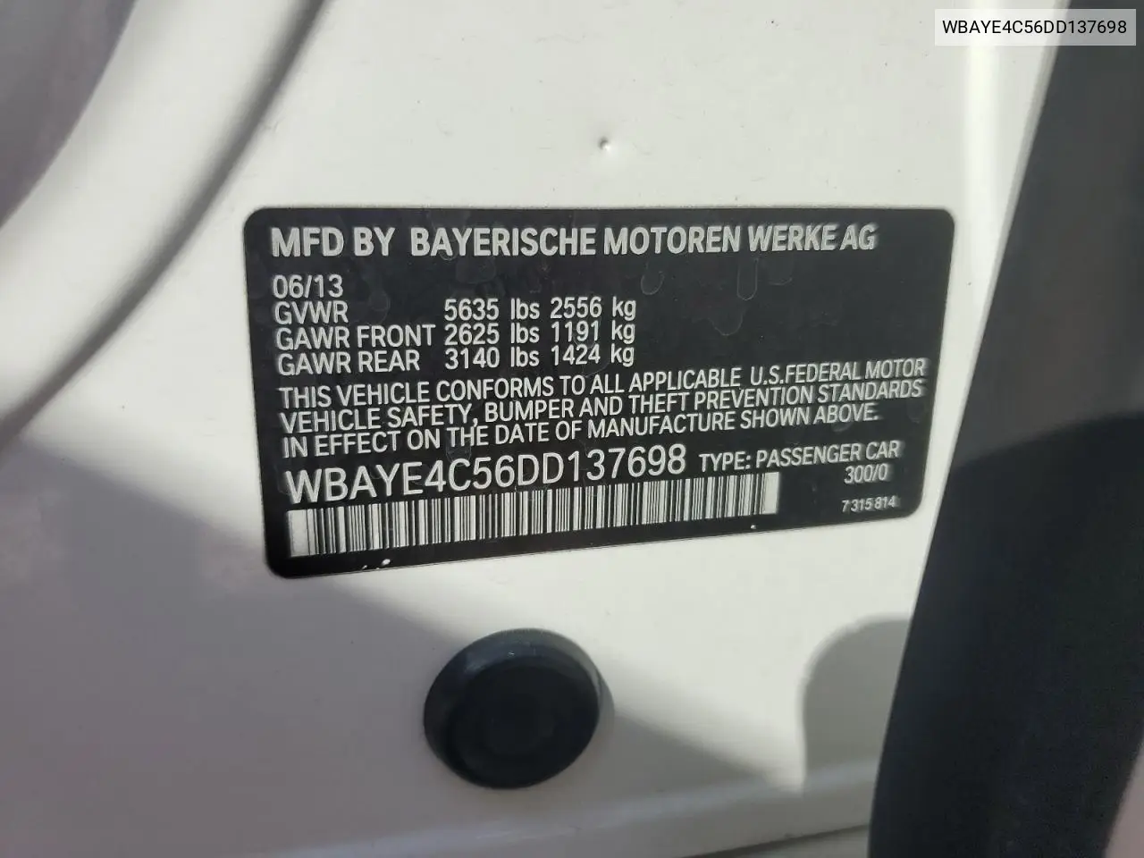 2013 BMW 740 Li VIN: WBAYE4C56DD137698 Lot: 61741085