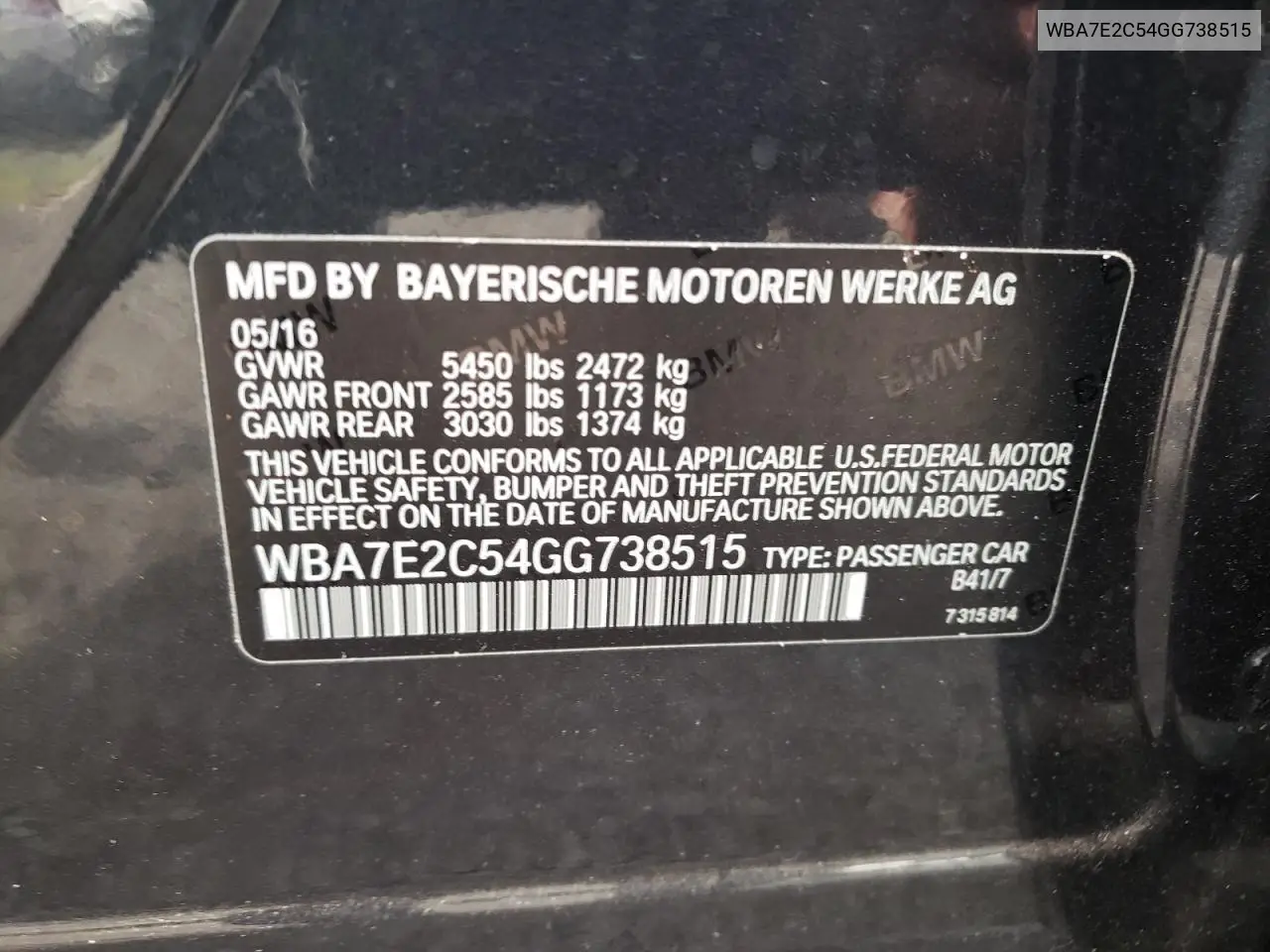 2016 BMW 740 I VIN: WBA7E2C54GG738515 Lot: 61997375