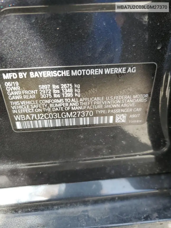 2020 BMW 750 Xi VIN: WBA7U2C03LGM27370 Lot: 56576775