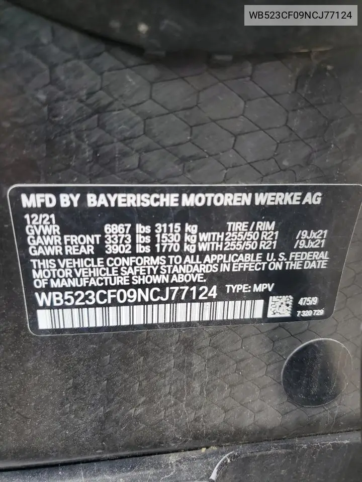 2022 BMW Ix xDrive50 VIN: WB523CF09NCJ77124 Lot: 55858975