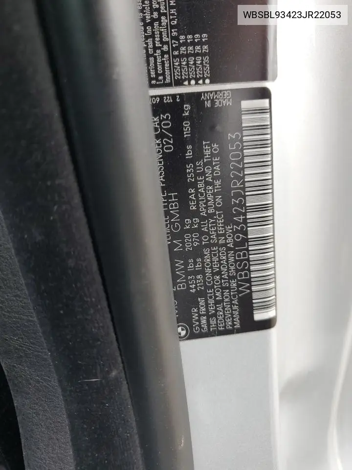 2003 BMW M3 VIN: WBSBL93423JR22053 Lot: 59755355