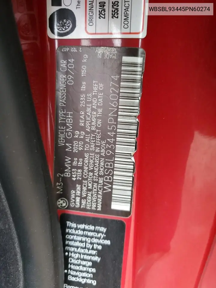 2005 BMW M3 VIN: WBSBL93445PN60274 Lot: 55649445