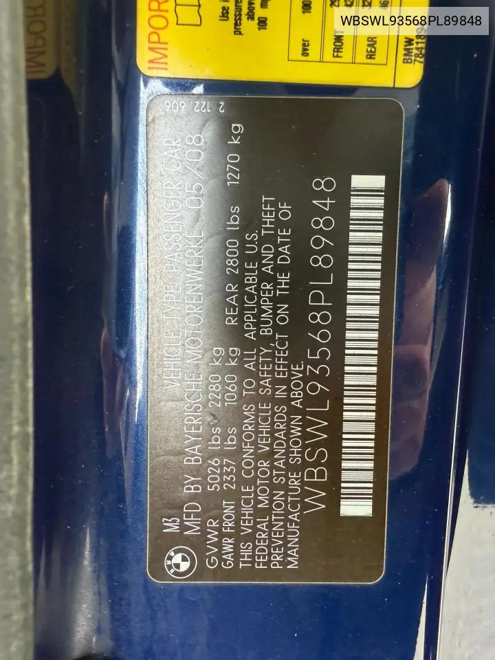 2008 BMW M3 VIN: WBSWL93568PL89848 Lot: 55450475