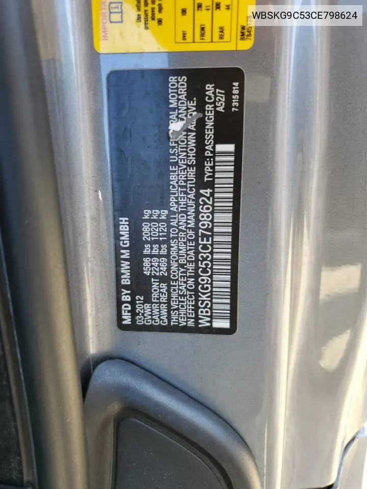 2012 BMW M3 VIN: WBSKG9C53CE798624 Lot: 56072225