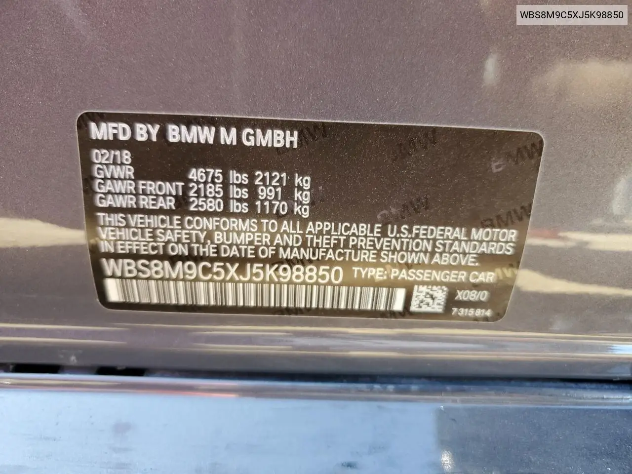 2018 BMW M3 VIN: WBS8M9C5XJ5K98850 Lot: 63870925