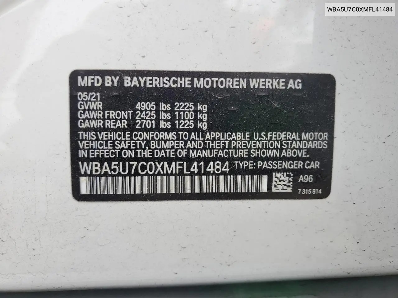 2021 BMW M340I VIN: WBA5U7C0XMFL41484 Lot: 54053495