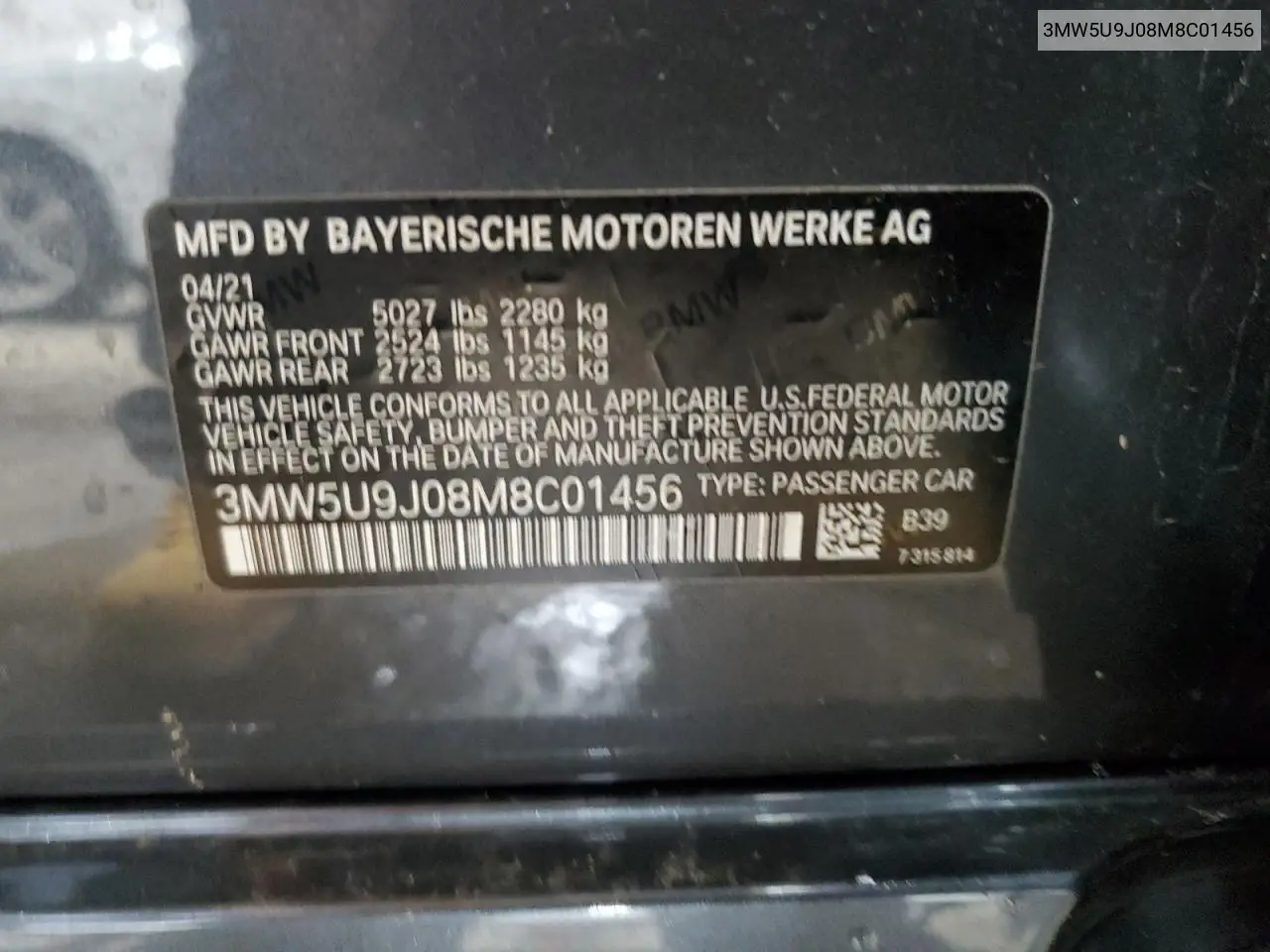 2021 BMW M340Xi VIN: 3MW5U9J08M8C01456 Lot: 62664235