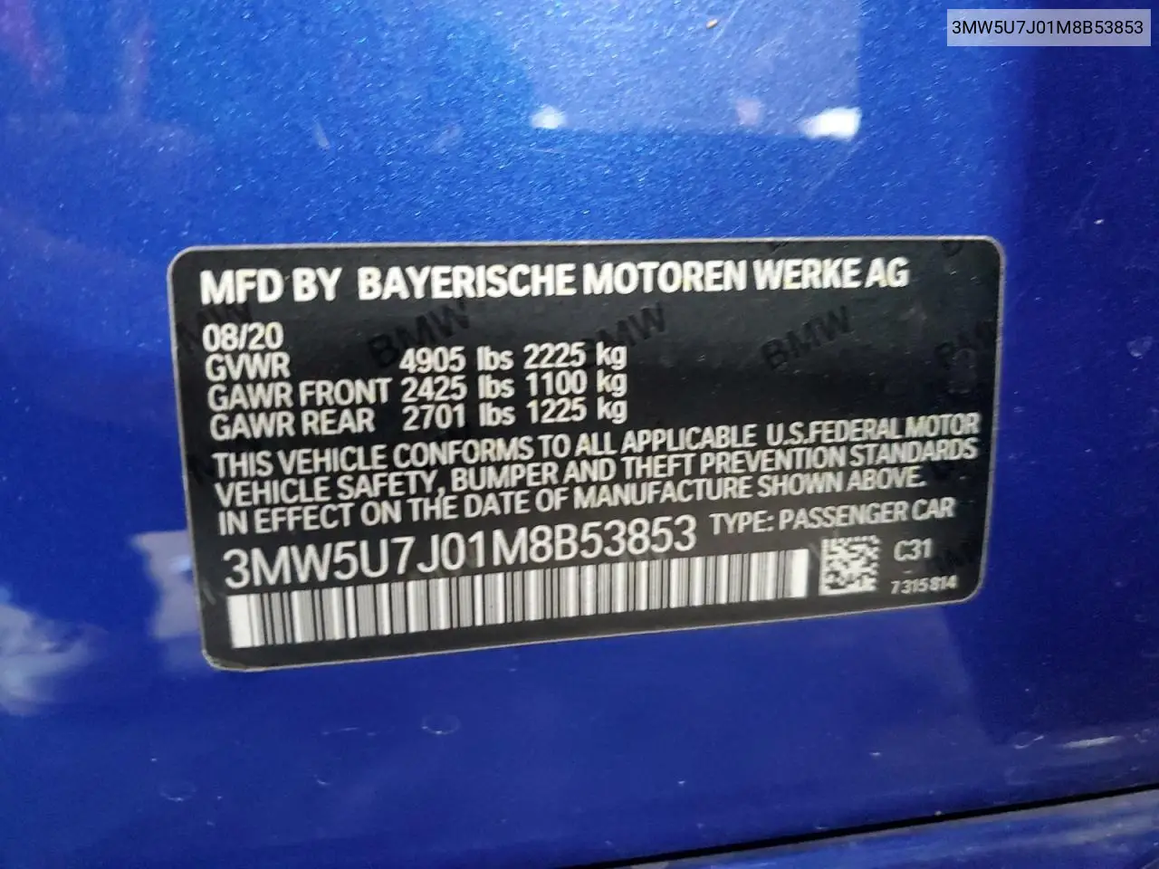2021 BMW M340I VIN: 3MW5U7J01M8B53853 Lot: 63347545