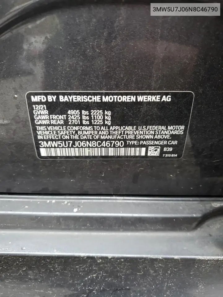 2022 BMW M340I VIN: 3MW5U7J06N8C46790 Lot: 52758875