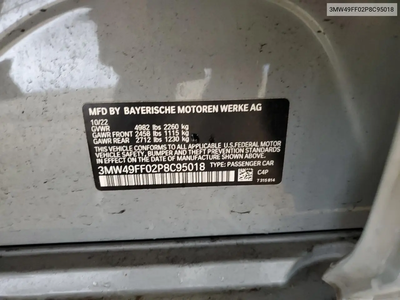 2023 BMW M340Xi VIN: 3MW49FF02P8C95018 Lot: 56037085