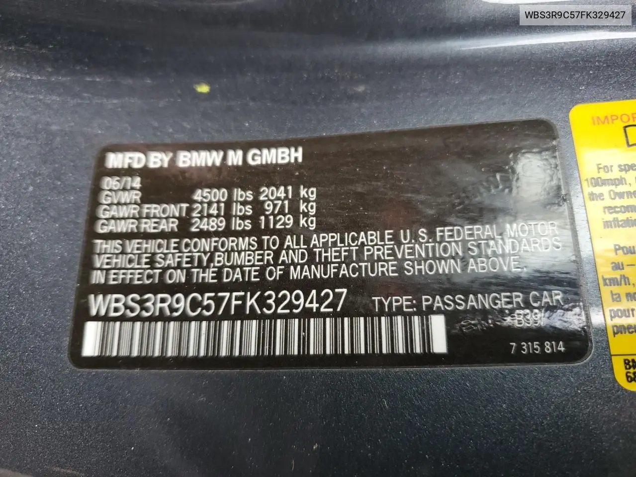 2015 BMW M4 VIN: WBS3R9C57FK329427 Lot: 53252995