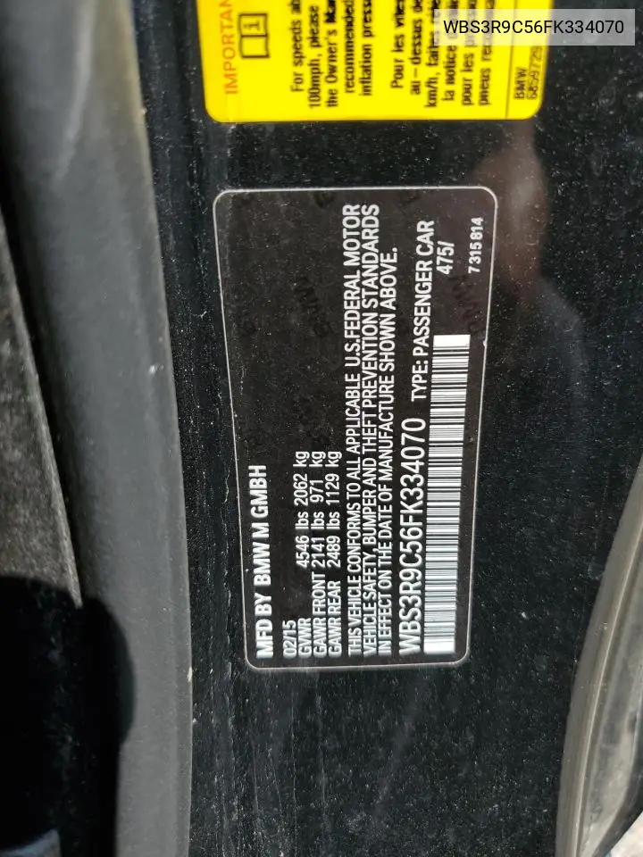 2015 BMW M4 VIN: WBS3R9C56FK334070 Lot: 61368595