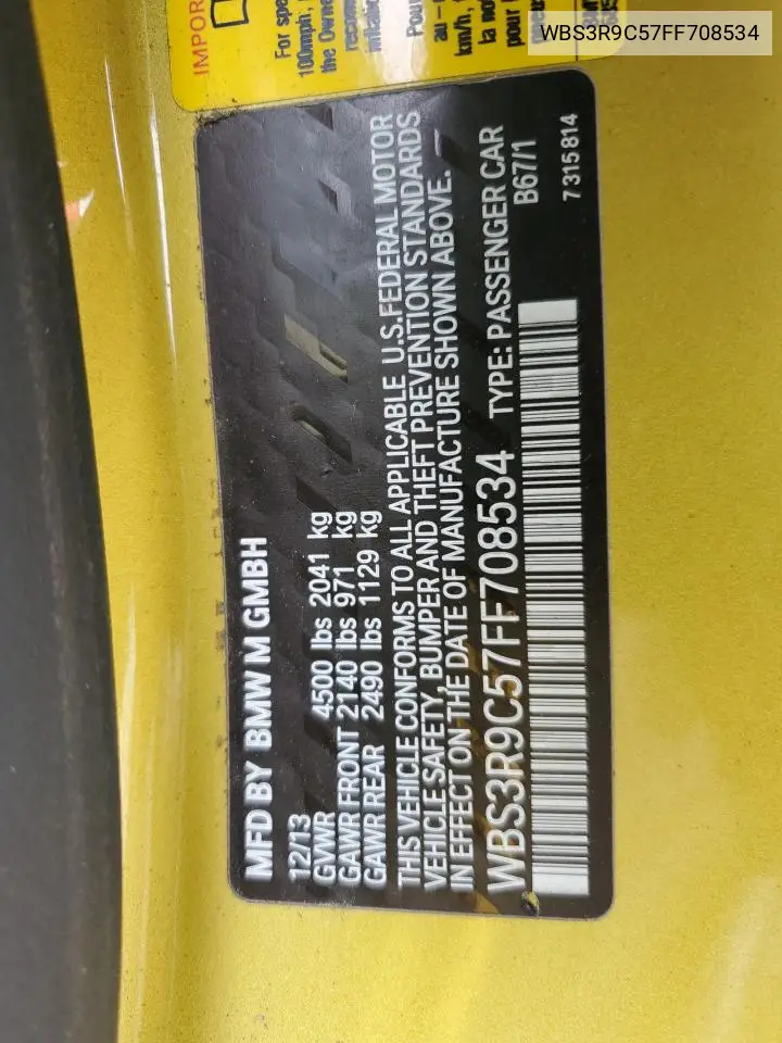 2015 BMW M4 VIN: WBS3R9C57FF708534 Lot: 61685205