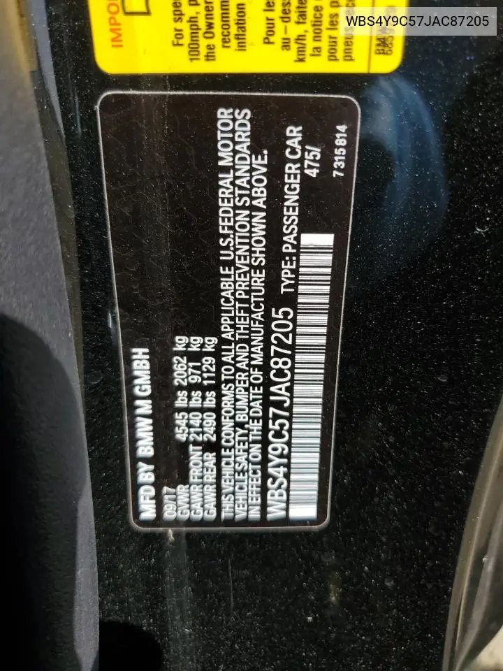 2018 BMW M4 VIN: WBS4Y9C57JAC87205 Lot: 53898595