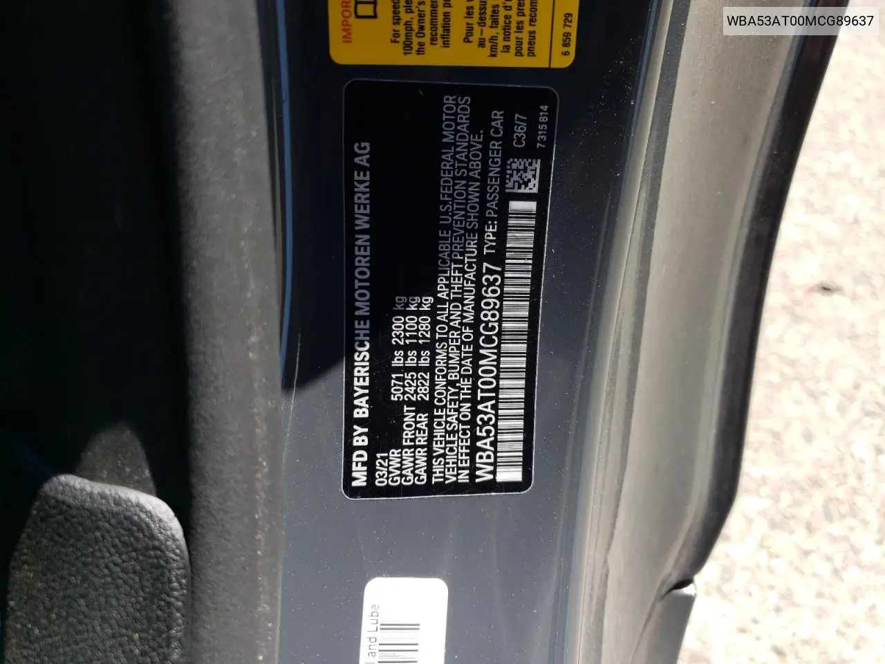 2021 BMW M440I VIN: WBA53AT00MCG89637 Lot: 64332165
