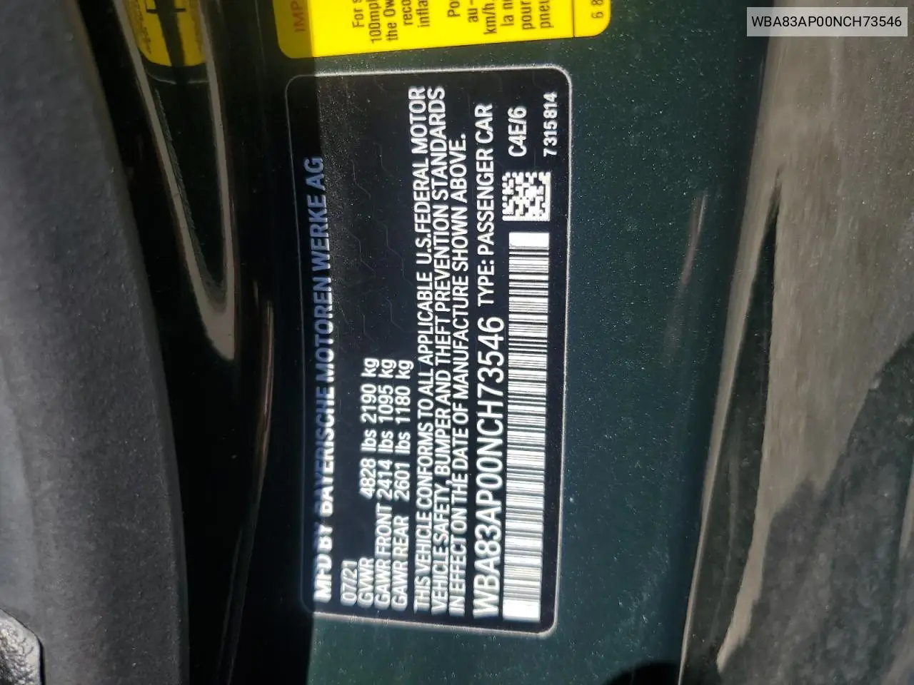 2022 BMW M440I VIN: WBA83AP00NCH73546 Lot: 62530305