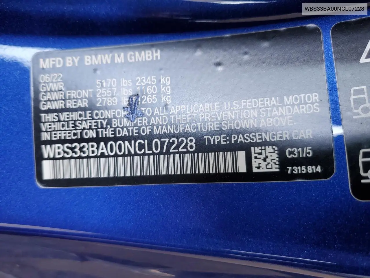 2022 BMW M4 Competition VIN: WBS33BA00NCL07228 Lot: 62653245